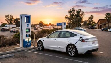 photorealistic image of a white Tesla Model 3 plugged into a DC fast charging station