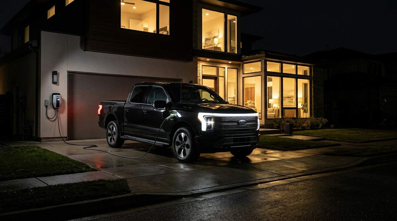 photorealistic image of a Ford F-150 Lightning parked in a suburban driveway powering a modern house during a nighttime power outage, interior house lights glowing while neighborhood is dark, charging cable connected to home system, dramatic contrast lighting, editorial automotive photography, hyperrealistic, shot on Canon EOS R5, --ar 16:9