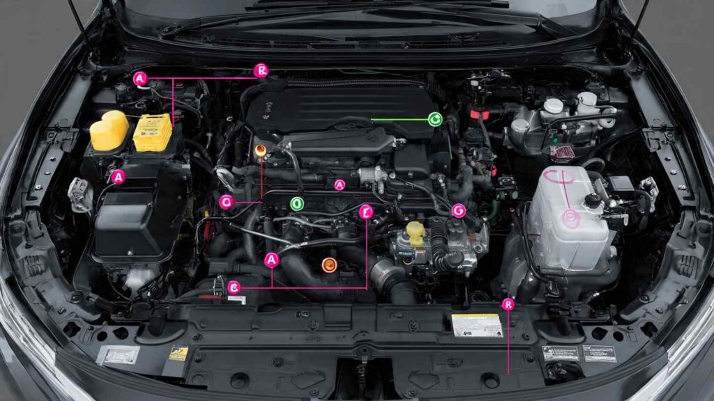 Diagram of a car engine bay highlighting routine maintenance check points