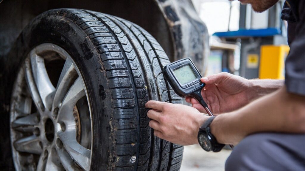  Mechanic checking tire tread depth during a routine maintenance inspection