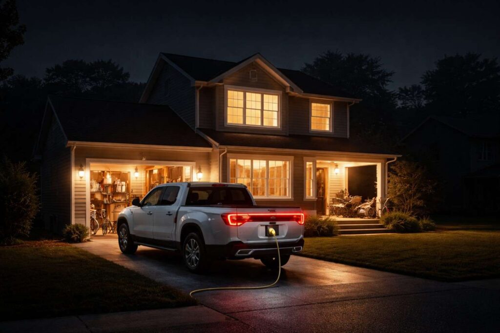 Modern electric pickup truck connected to a home garage unit during a blackout, with the house lit up while the neighbors' homes are dark