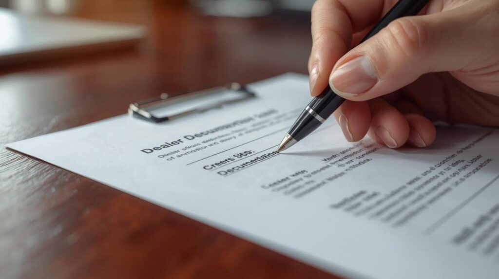 Close-up of a printed vehicle purchase order highlighting the 'Documentation Fee' and 'Market Adjustment' lines with a red pen.