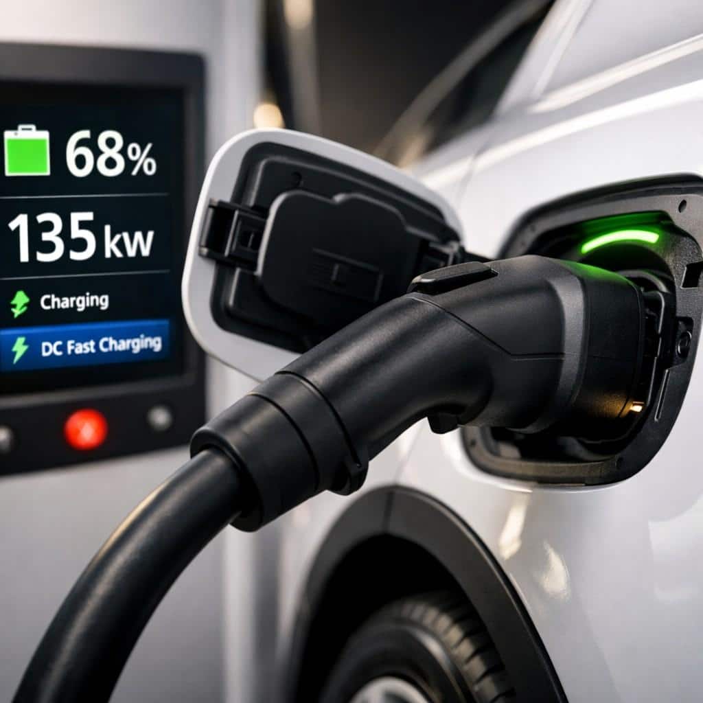 EV charging port plugged into a fast charger with battery status display.