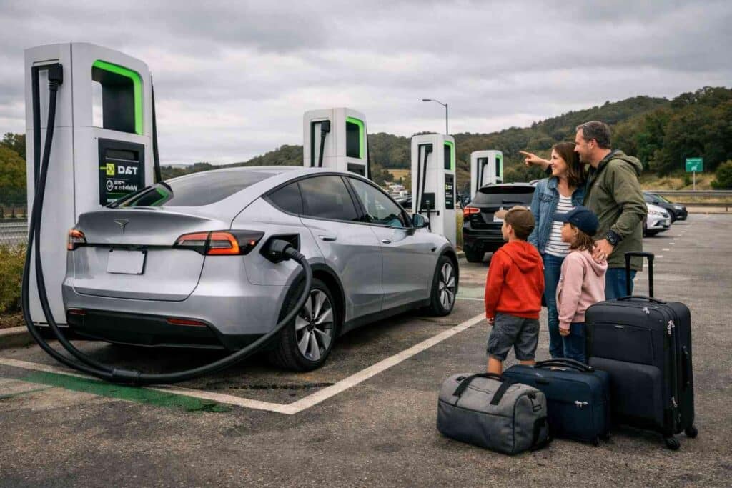 Electric SUV charging at a public fast charging station on a highway.