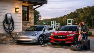 A suburban home with a Level 2 wall charger and a public DC fast station nearby.