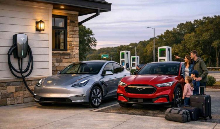 A suburban home with a Level 2 wall charger and a public DC fast station nearby.