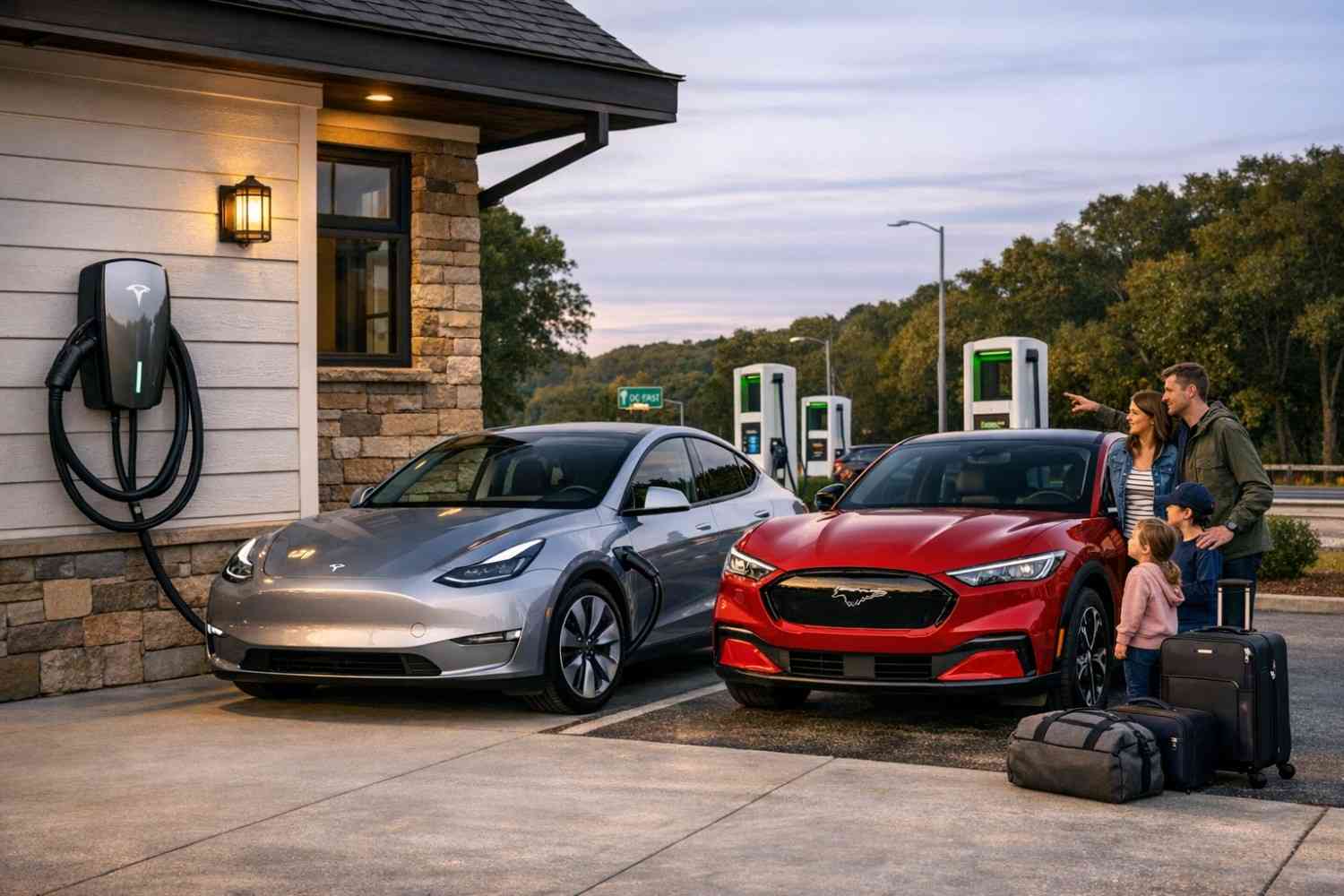 A suburban home with a Level 2 wall charger and a public DC fast station nearby.