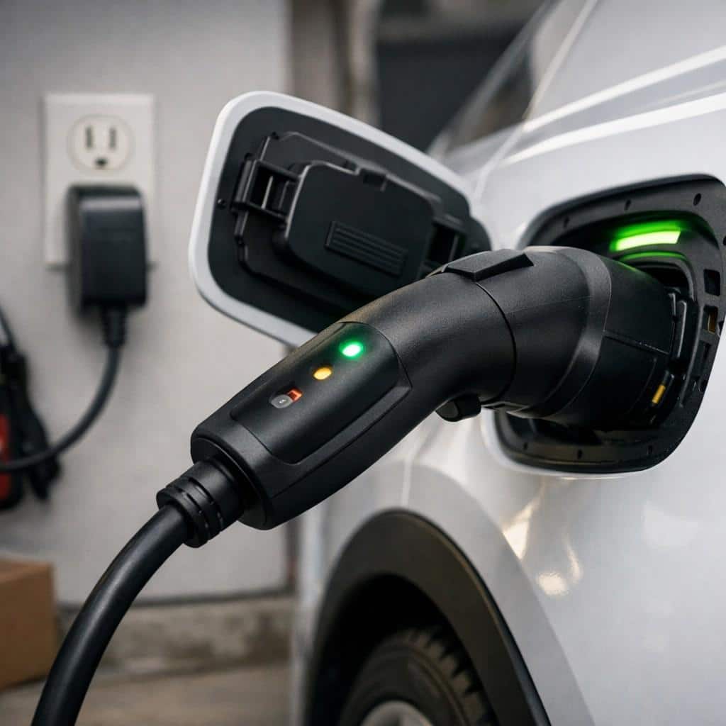 EV charging port plugged into a fast charger with battery status display.