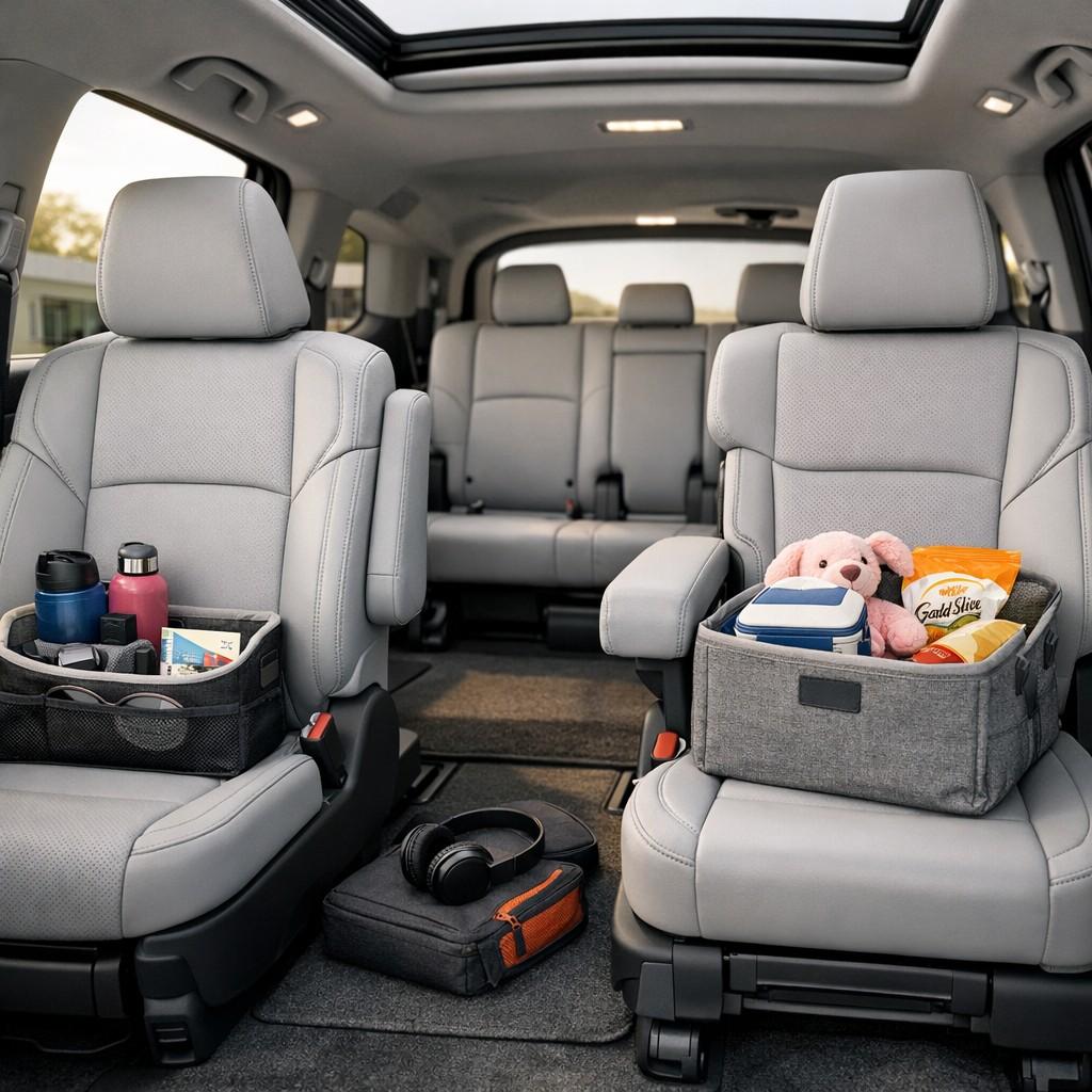 2026 Honda Pilot interior showing Magic Slide second-row seats in side configuration, third-row bench visible behind, grey interior, natural light from sunroof, family-use storage accessories visible, photorealistic, studio automotive photography, shallow depth of field, --ar 4:3