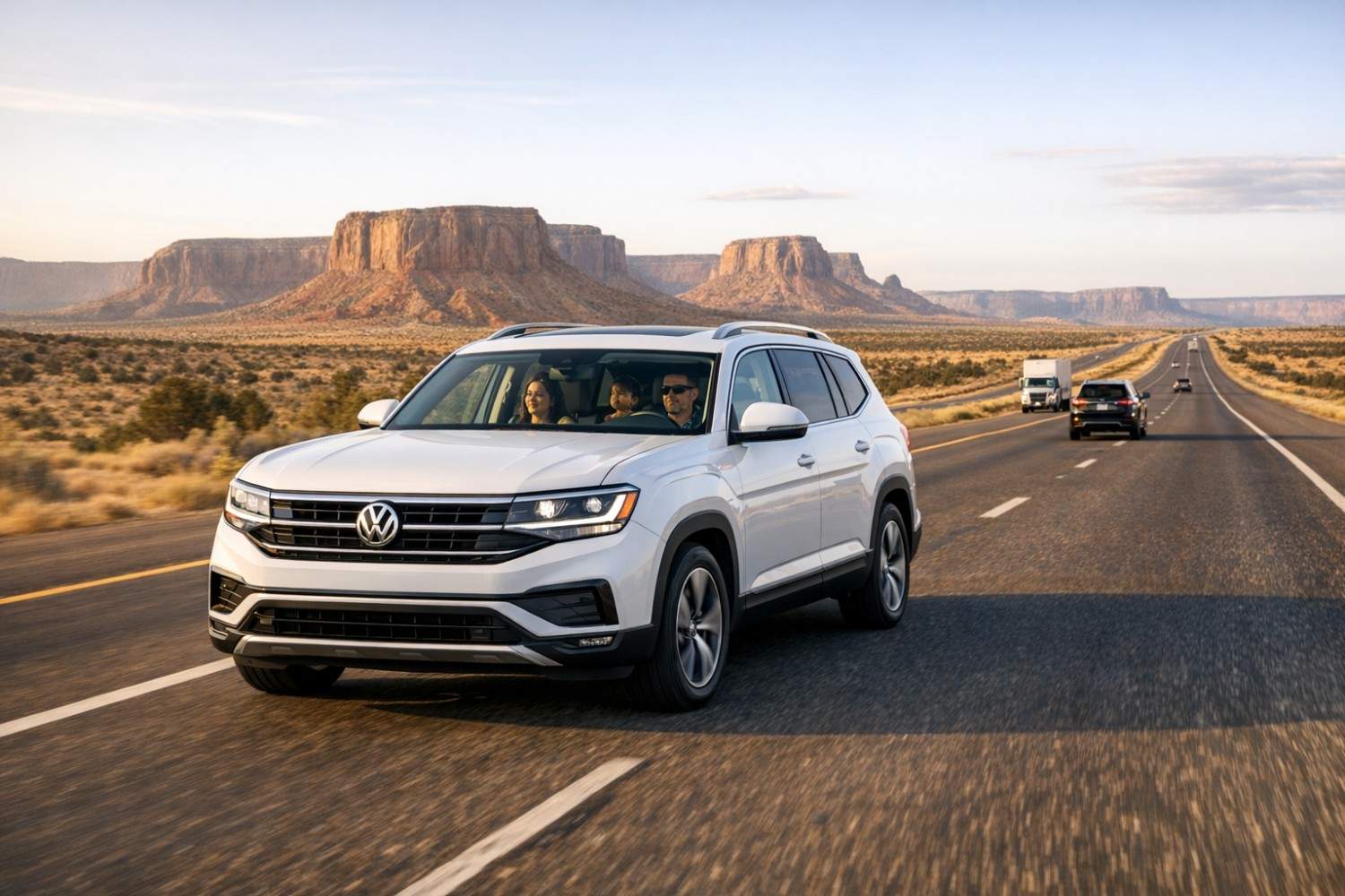 2026 Volkswagen Atlas on an open highway with family inside