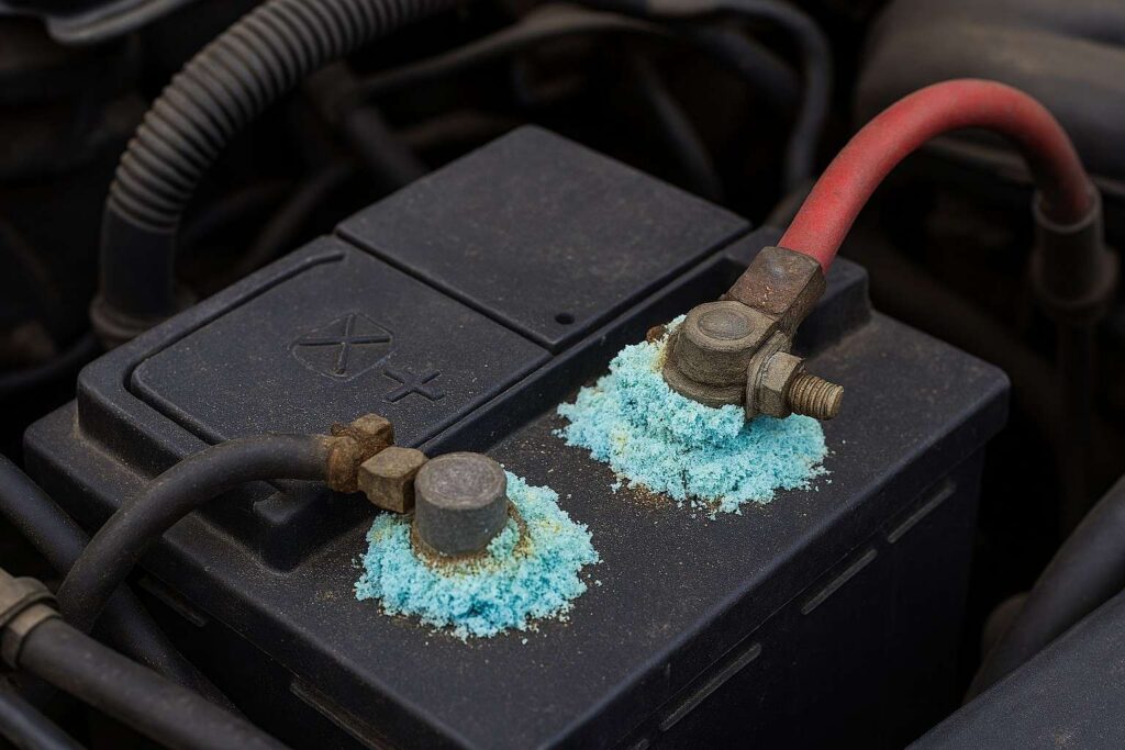 Car battery terminals with visible corrosion in engine bay.