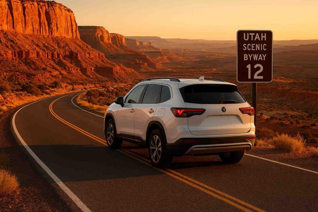 A modern SUV on Utah Scenic Byway 12 at golden hour with red rock cliffs and layered canyon country