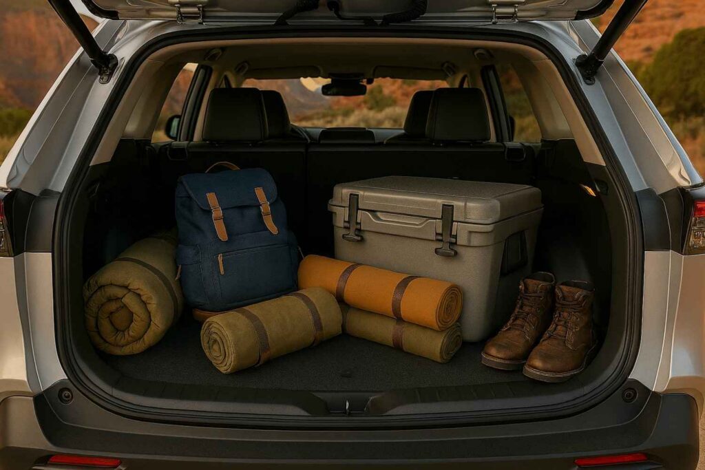 SUV cargo area packed with camping gear, a cooler, and hiking boots for a national park tour.