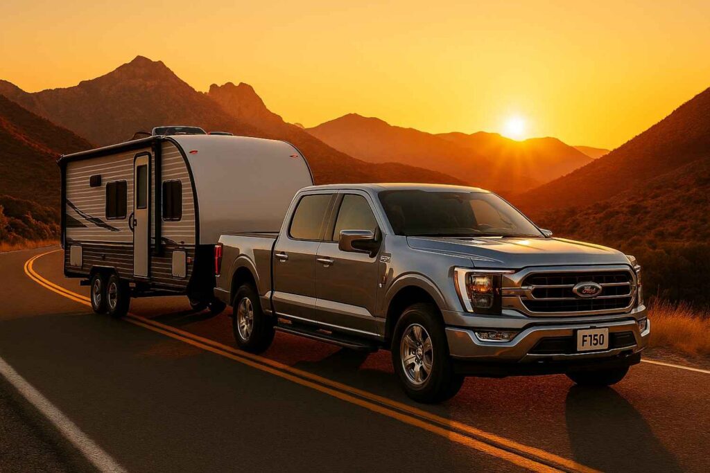 A 2026 Ford F-150 towing a dual-axle travel trailer on a mountain highway at sunset.
