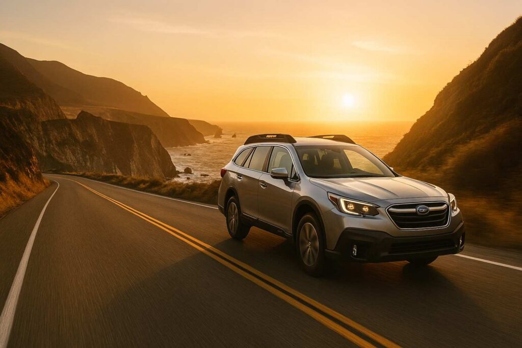 SUV driving along Big Sur coastline with ocean cliffs and sunset sky