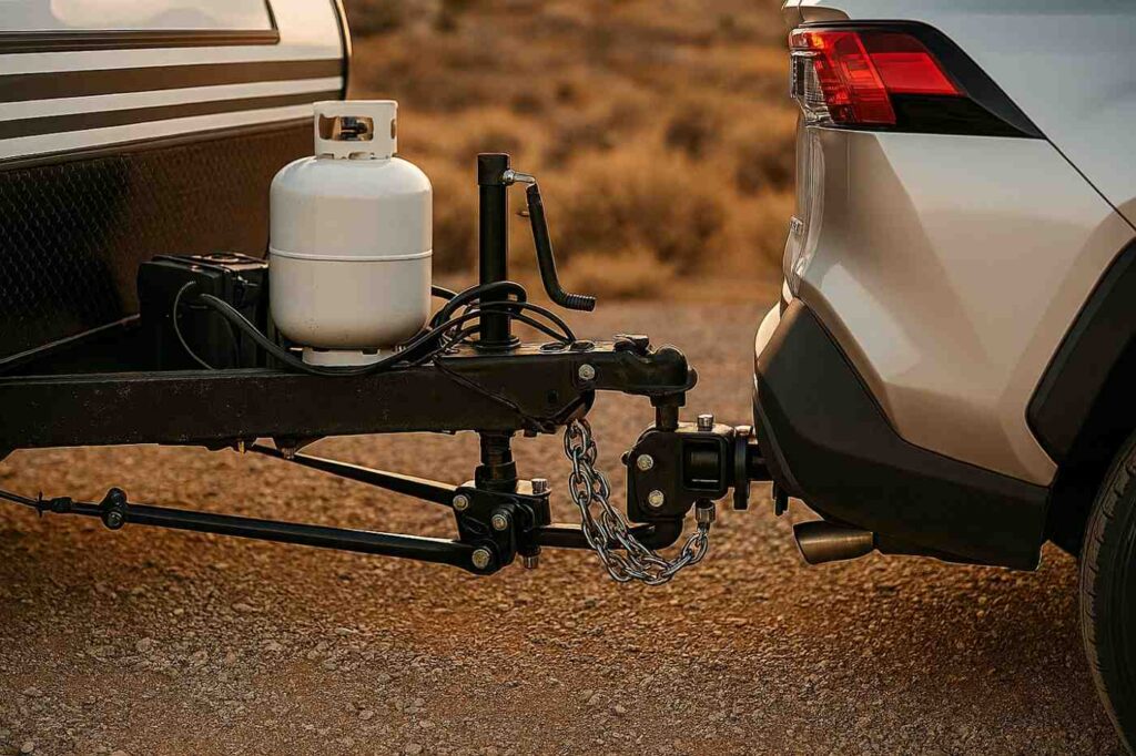 Close-up of a weight distribution hitch setup connecting a travel trailer to a pickup truck.