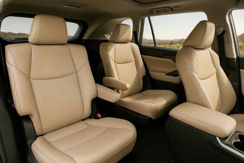 Spacious SUV interior showing premium materials and second-row captain’s chairs.
