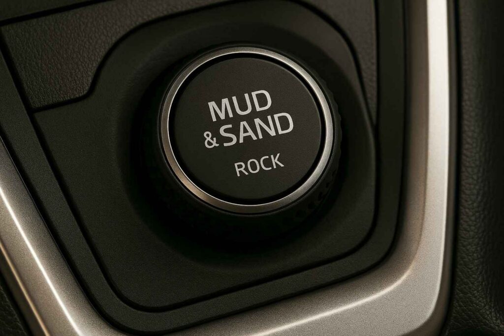 Close-up of a modern SUV terrain mode selector dial with mud, sand, and rock settings.