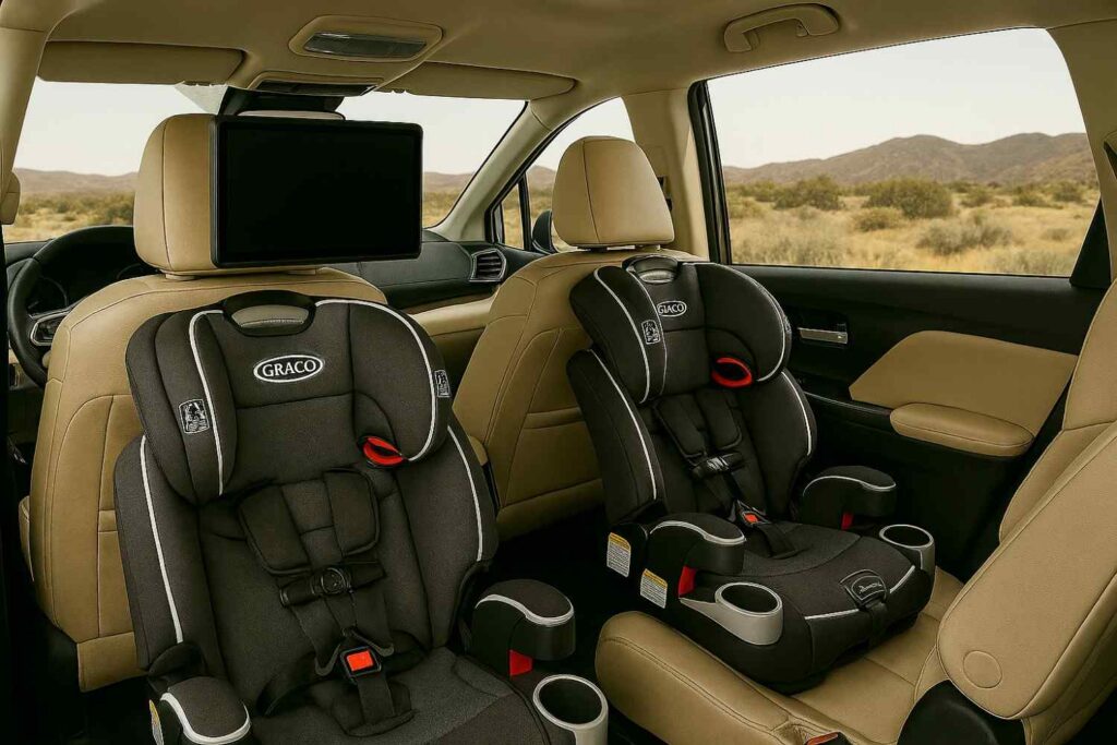 Minivan interior with rear entertainment screen and child seats installed.