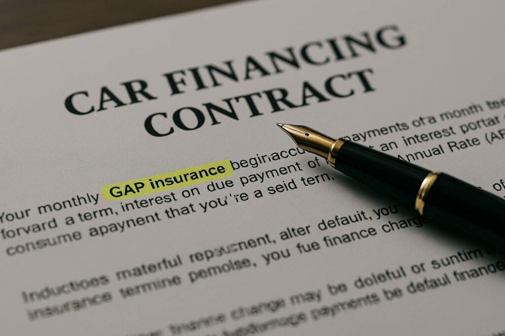 car loan contract paperwork with GAP insurance line item highlighted