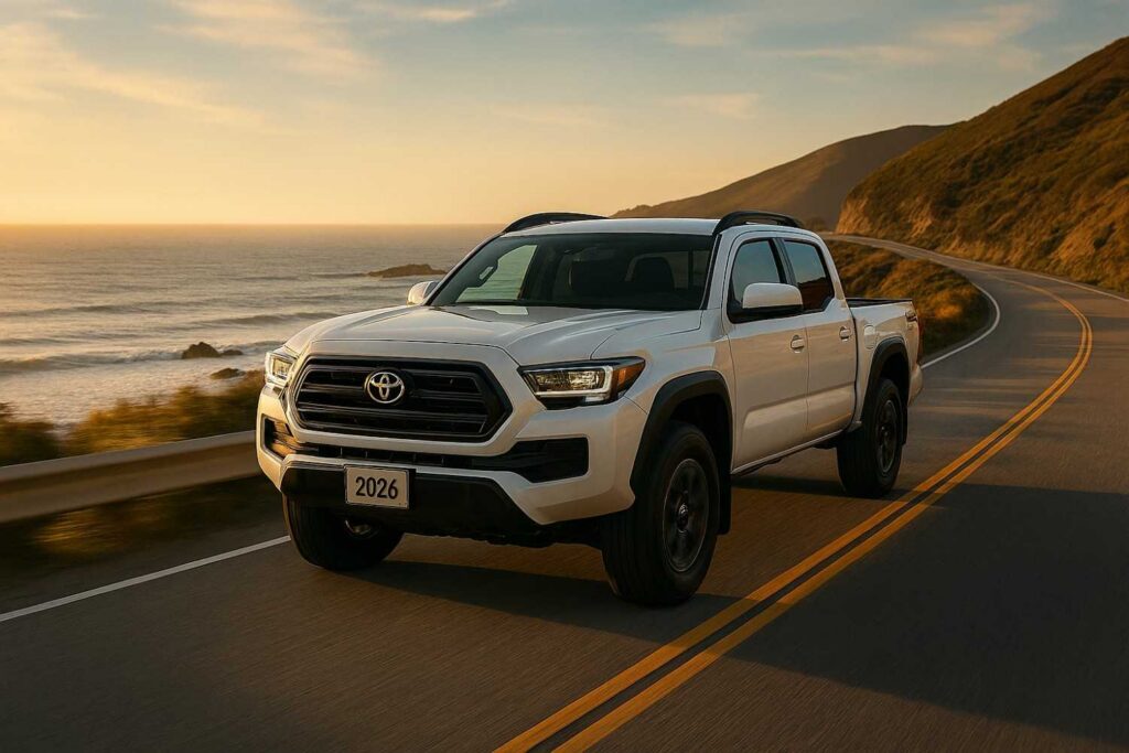 A 2026 white Toyota Tacoma TRD Pro driving on a scenic coastal highway during the golden hour.