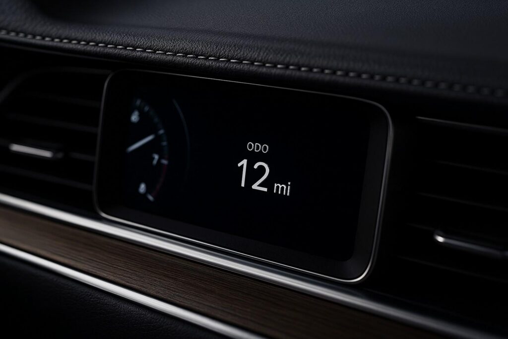 Close-up of a 2026 digital instrument cluster showing a delivery-mileage odometer and premium leather stitching on the steering wheel.