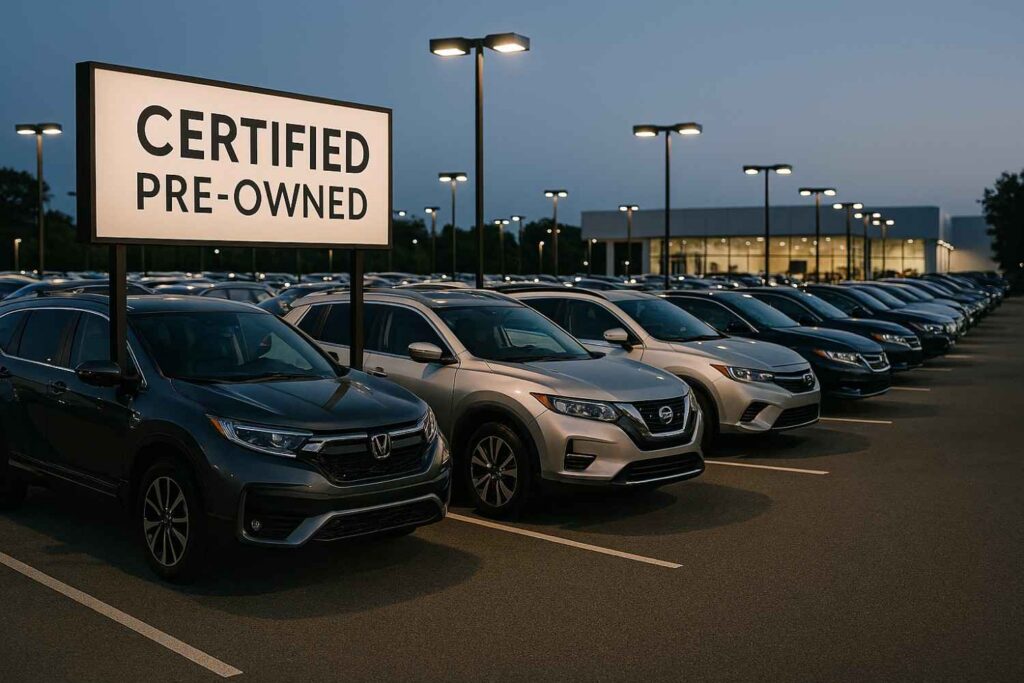 A line of late-model used cars at a professional dealership, highlighted by a "Certified Pre-Owned" banner.