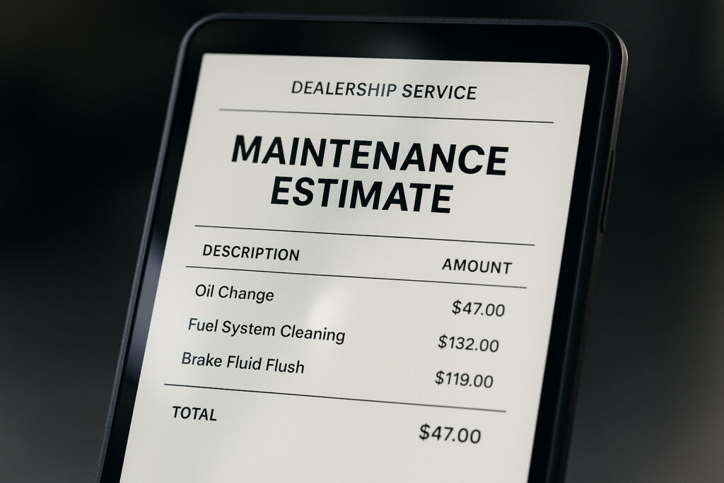 dealership service estimate screen showing recommended maintenance items and pricing