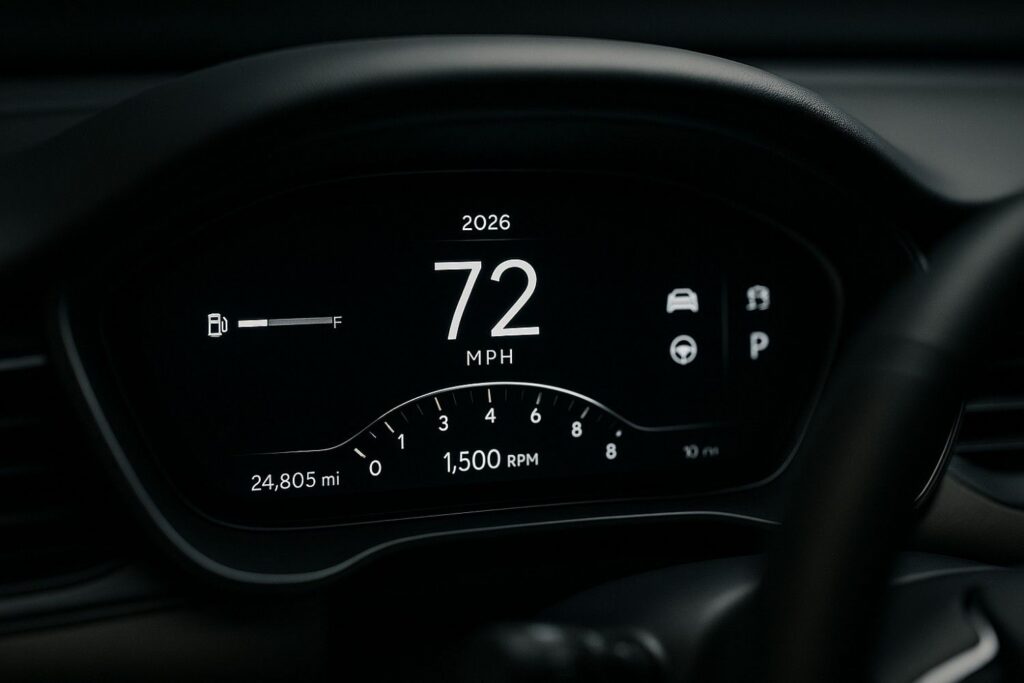 Close-up of a 2026 digital infotainment system showing financial apps and vehicle status dashboard