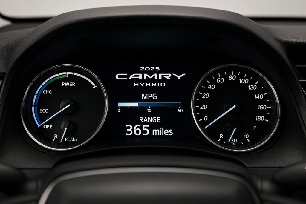 modern vehicle dashboard showing fuel economy display and range estimate