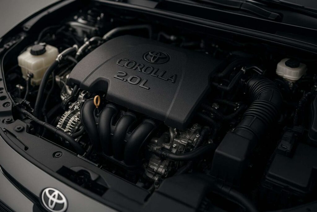Engine bay of a Toyota Corolla showing simple naturally aspirated engine layout