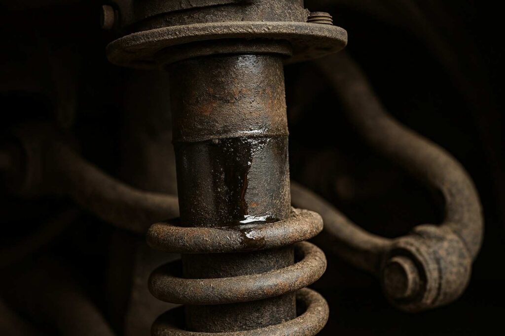 worn suspension strut and leaking shock absorber close-up