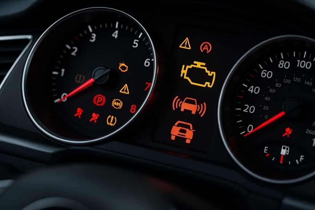car dashboard warning lights illuminated showing repair indicators
