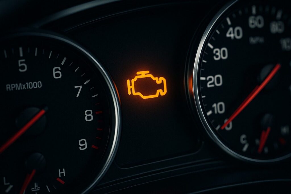 close-up of car dashboard showing check engine light illuminated