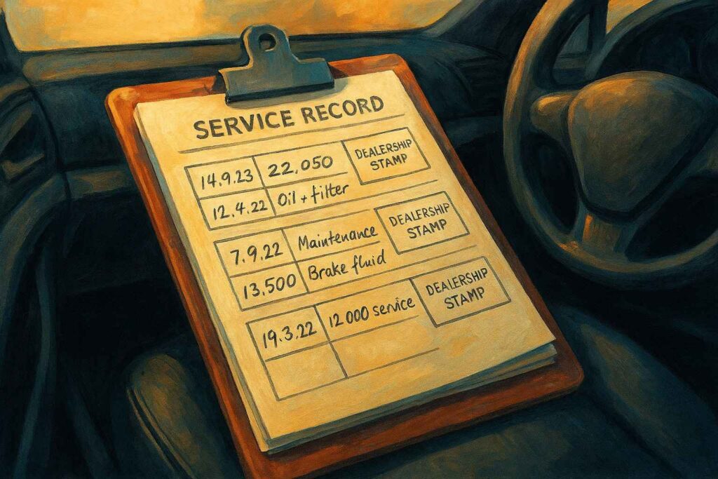 Car maintenance records booklet with stamped service history.