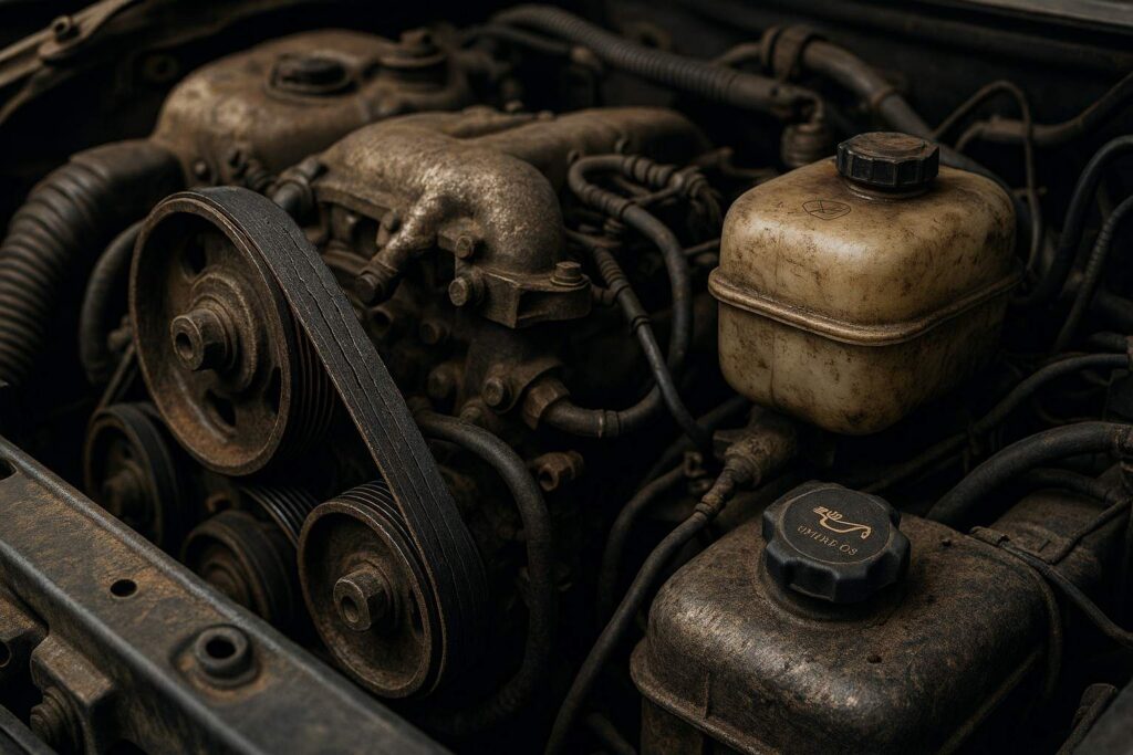 car engine bay showing worn serpentine belt and fluid reservoirs during inspection