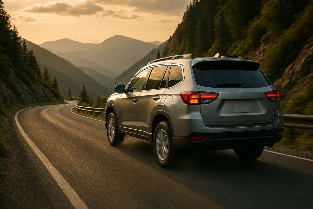 SUV descending mountain road using engine braking