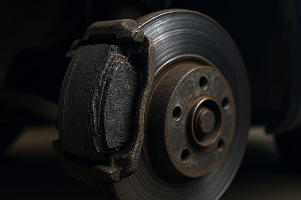 close-up of a worn brake pad and scored brake rotor on a mid-size sedan, visible metal wear and dust.