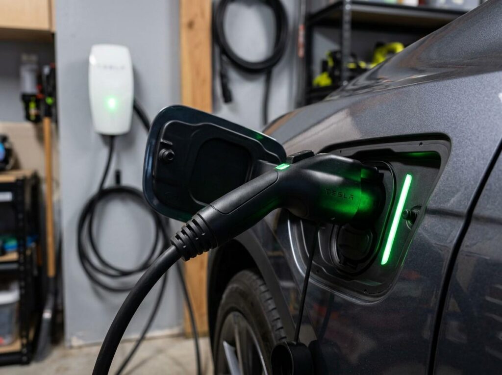 Close-up of an EV charging port connected to a Level 2 home charger with LED indicators.