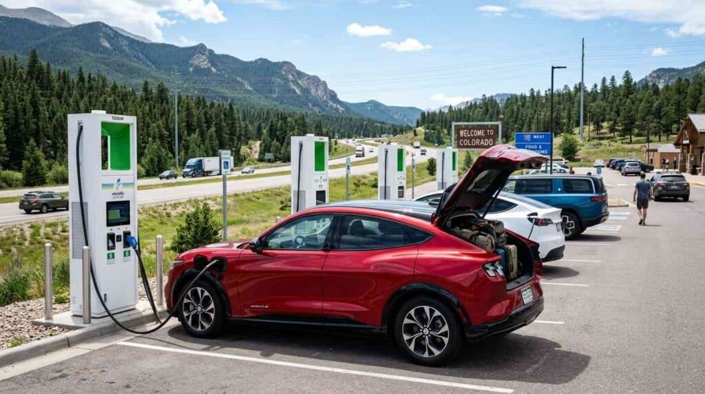 Electric SUV charging at a public fast charging station during a road trip.