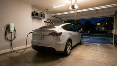 Modern electric SUV charging in a suburban garage with a wall-mounted Level 2 unit.