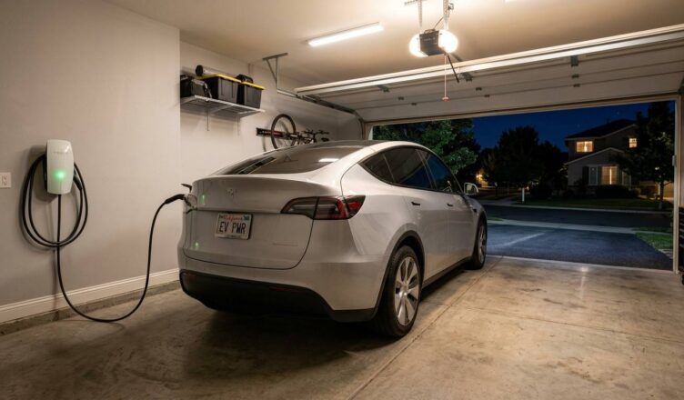 Modern electric SUV charging in a suburban garage with a wall-mounted Level 2 unit.