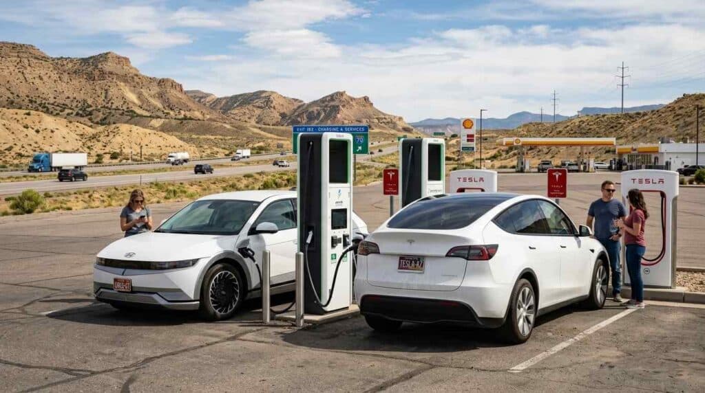 An electric SUV charging at a DC fast charging station on a highway road trip