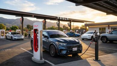 photorealistic image of a Tesla Supercharger station with a Ford Mustang Mach-E charging using a NACS adapter