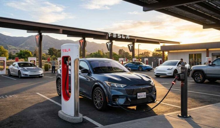 photorealistic image of a Tesla Supercharger station with a Ford Mustang Mach-E charging using a NACS adapter