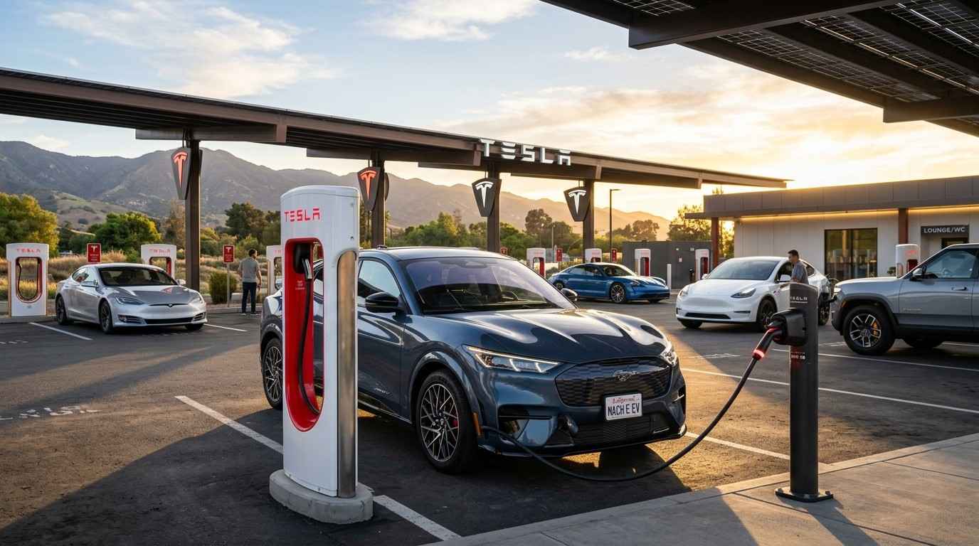 photorealistic image of a Tesla Supercharger station with a Ford Mustang Mach-E charging using a NACS adapter