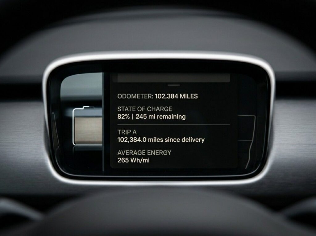 EV dashboard showing reduced estimated range after high mileage 
