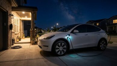 photorealistic image of a Tesla Model Y charging in a suburban driveway at night with a smart home charger