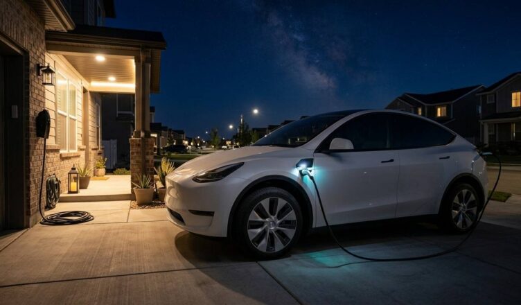 photorealistic image of a Tesla Model Y charging in a suburban driveway at night with a smart home charger