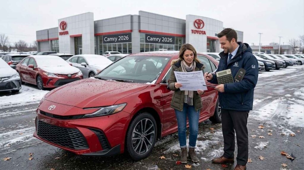customer negotiating car purchase at dealership lot in winter